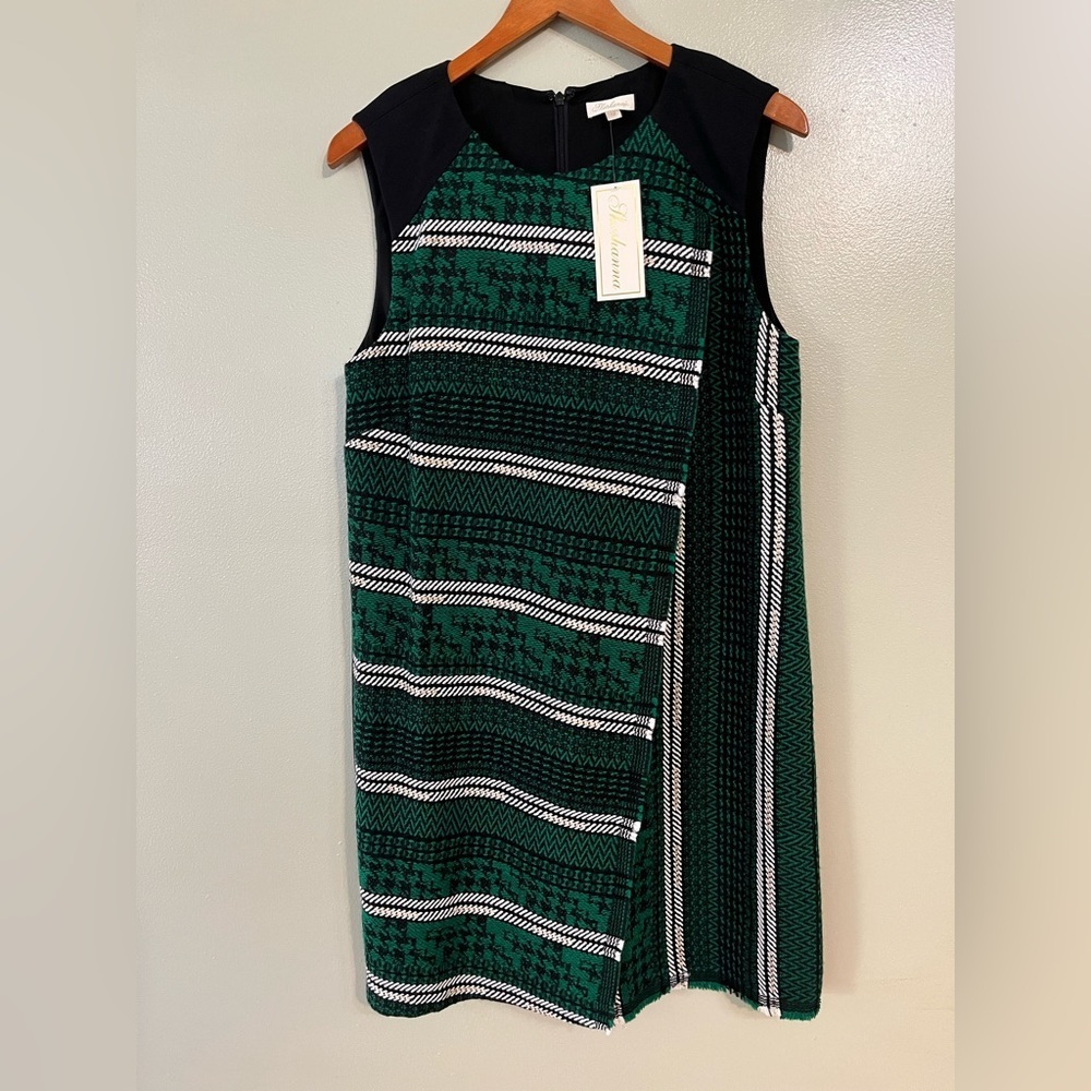 Shoshanna Iggy Graphic Tweed  Sheath Green Sleeveless Dress Office 12 NWT